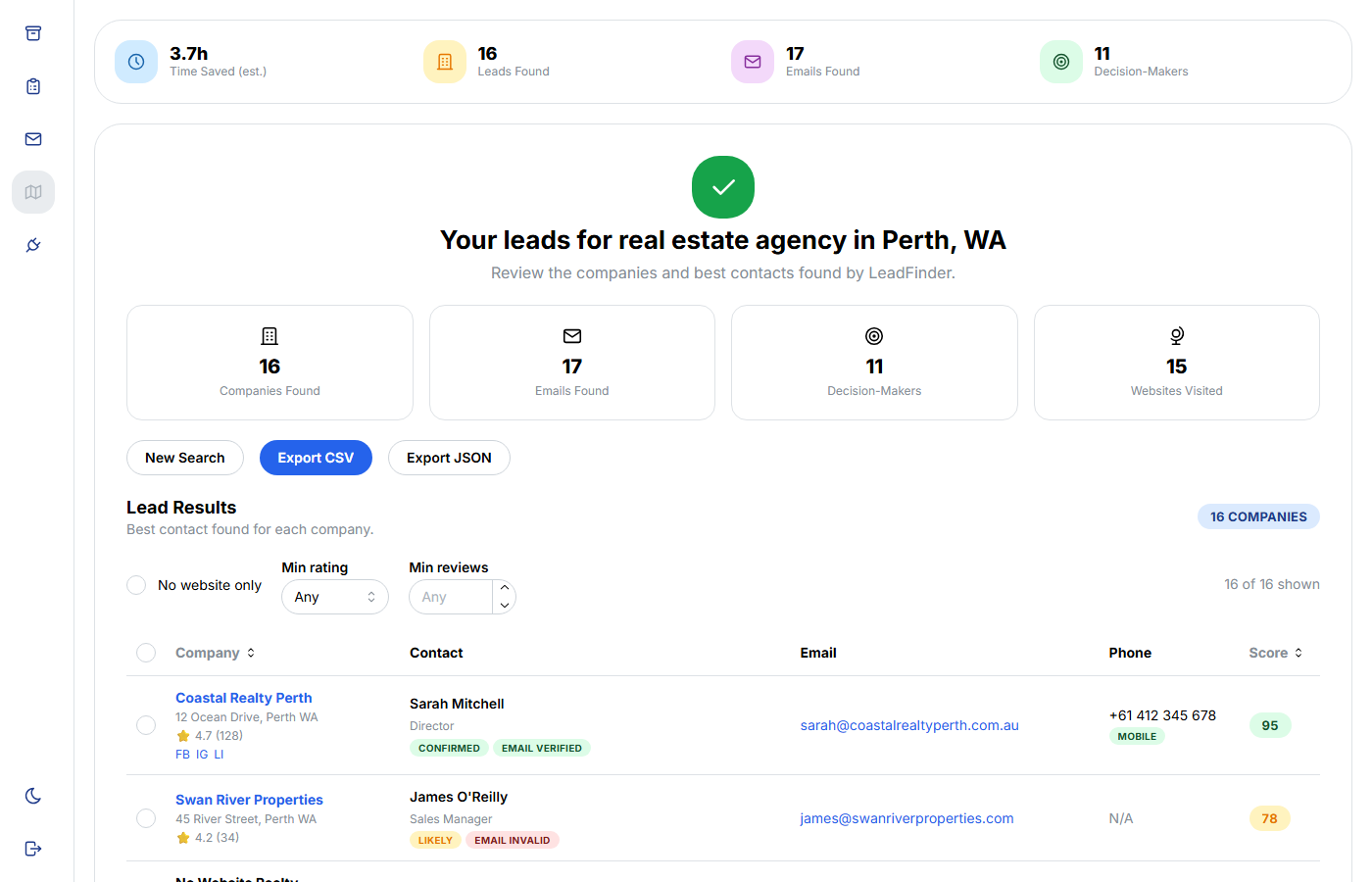 LeadFinder results screen showing 16 companies found with verified contacts and scores