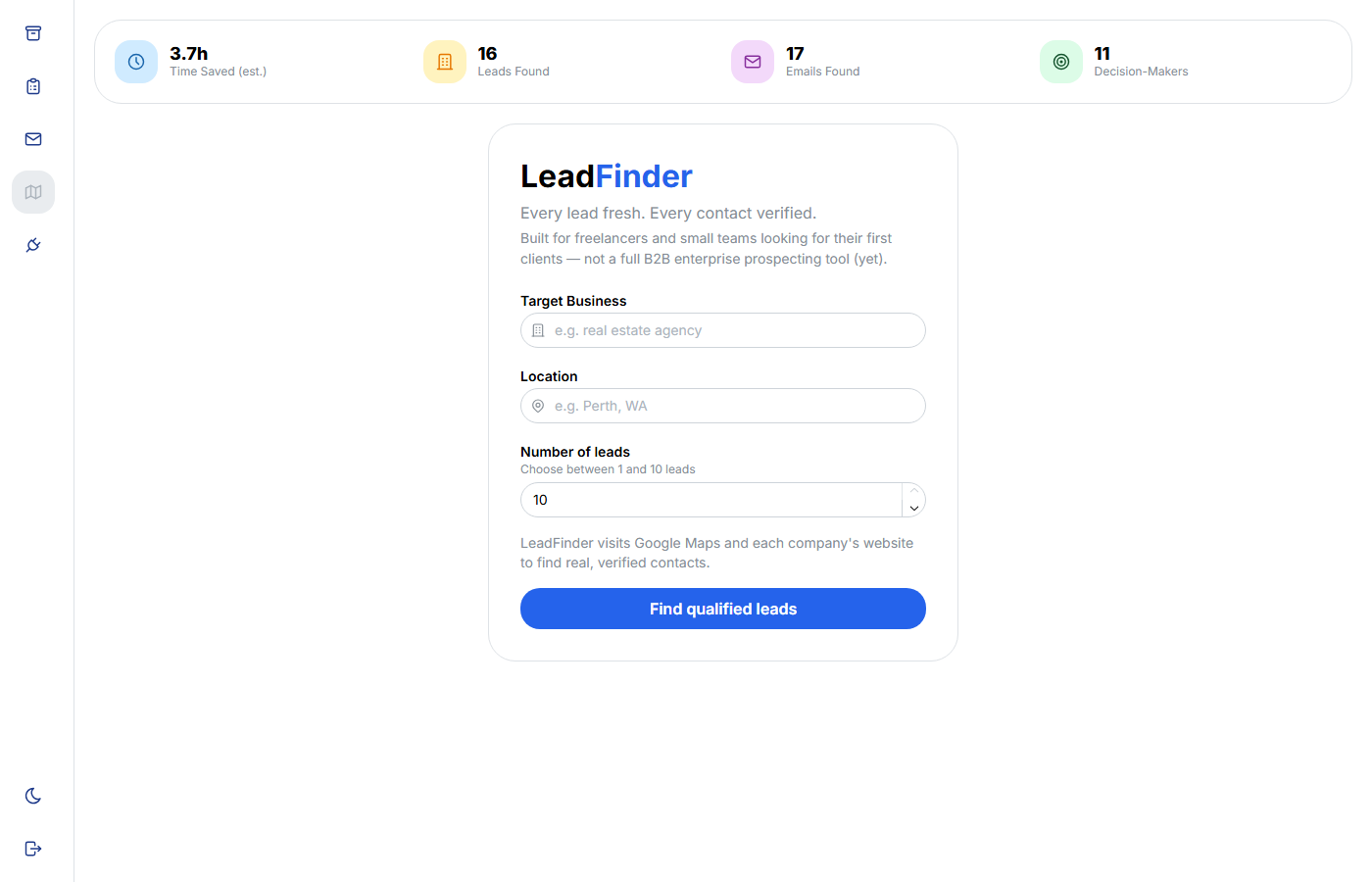 LeadFinder search screen showing leads found, emails found, and estimated time saved