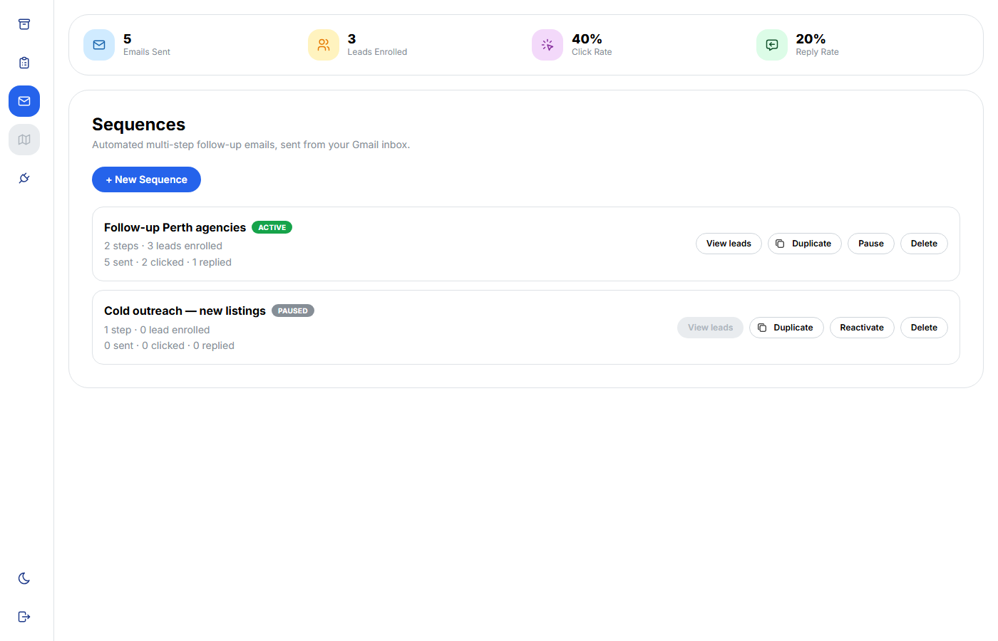 Sequences dashboard showing an active follow-up campaign with send, click, and reply stats